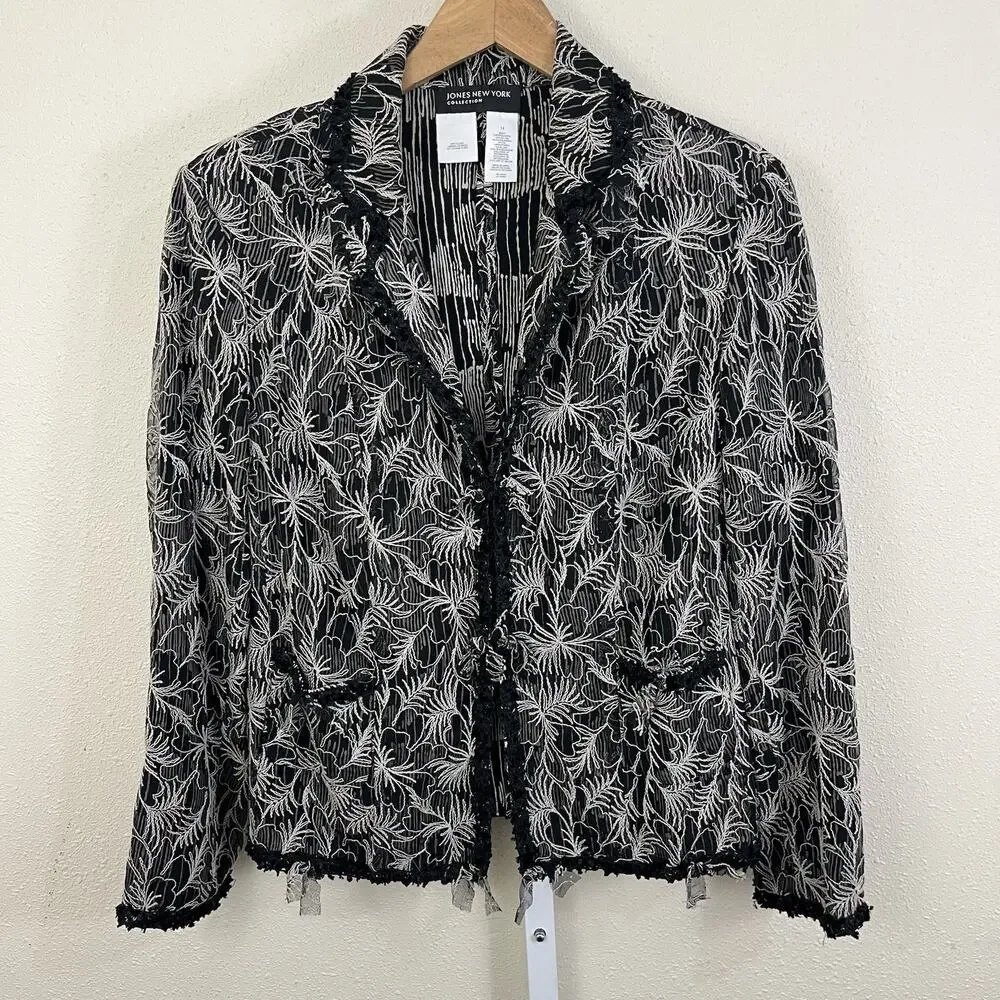 Jones New York Collection Embroidered Mesh Jacket Blazer Women’s 14 Silk